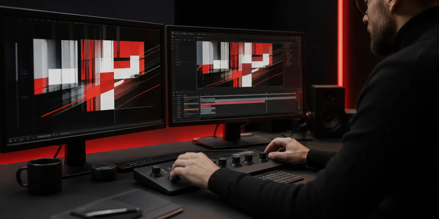 Motion Designer an zwei professionellen Arbeitsmonitoren